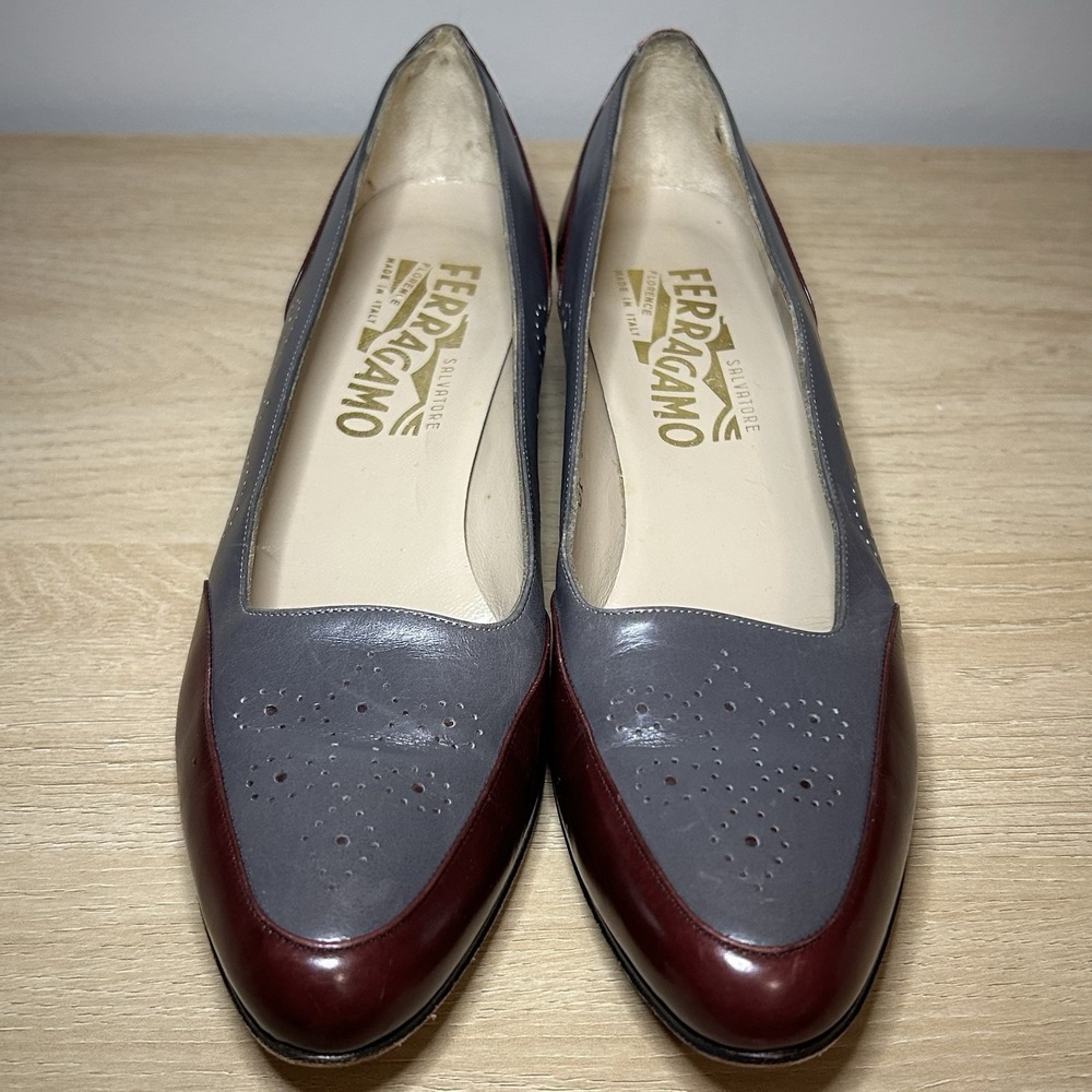 Salvatore Ferragamo‎ Brogue Pattern Gray and Burgundy Leather Loafers